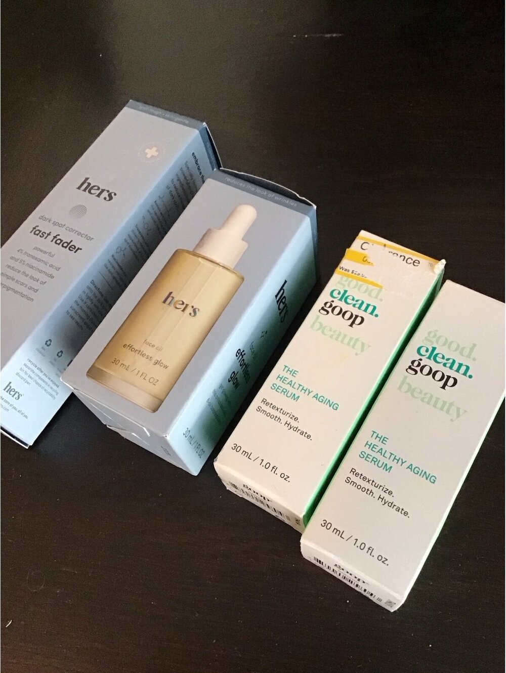 Set of 2 hers glow and fast fader, 2 face goop, new, cvs